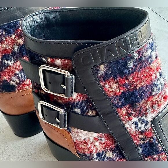 CHANEL 2017 Lambskin & Tweed Pattern Ankle Black Boots Size 40 - Picture 11 of 14